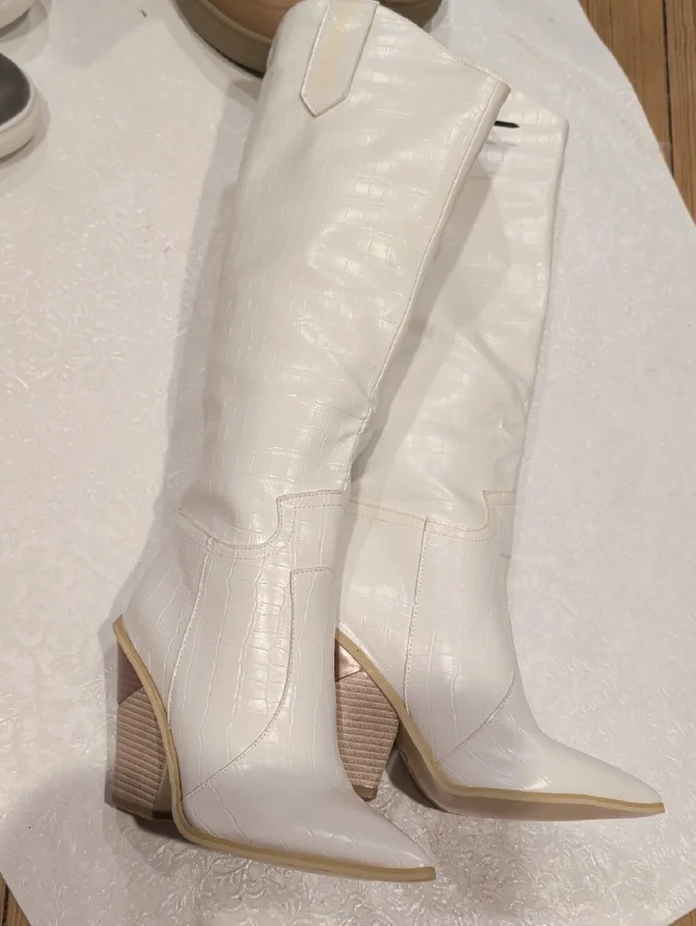 White Croc-Embossed Over-the-Knee Pointed Boots
